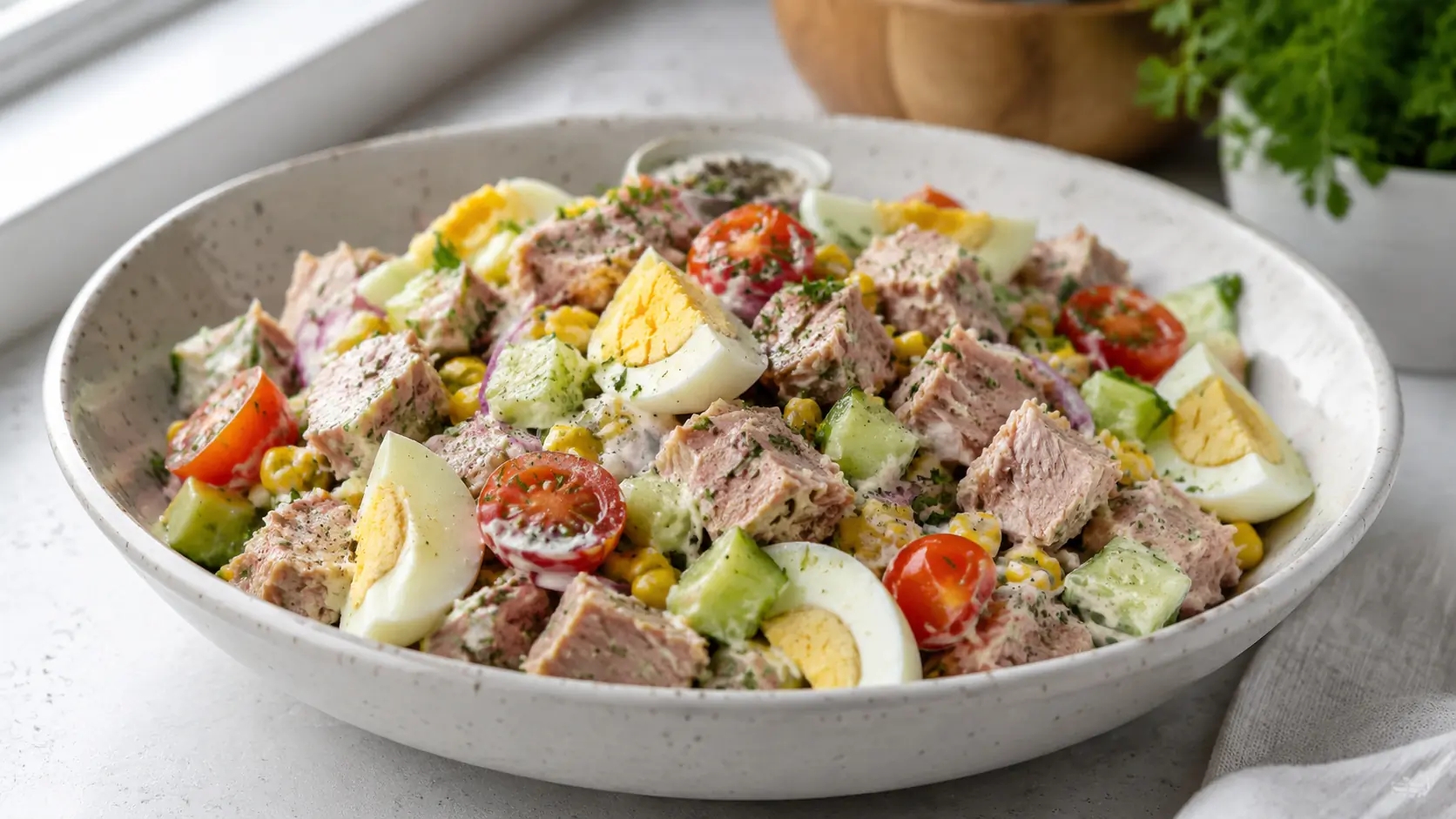 Thunfischsalat mit Ei, Tomaten, Gurke, Mais und Joghurt-Dressing