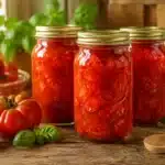 Selbst eingekochte Tomaten in Schraubgläsern mit frischen roten Tomaten