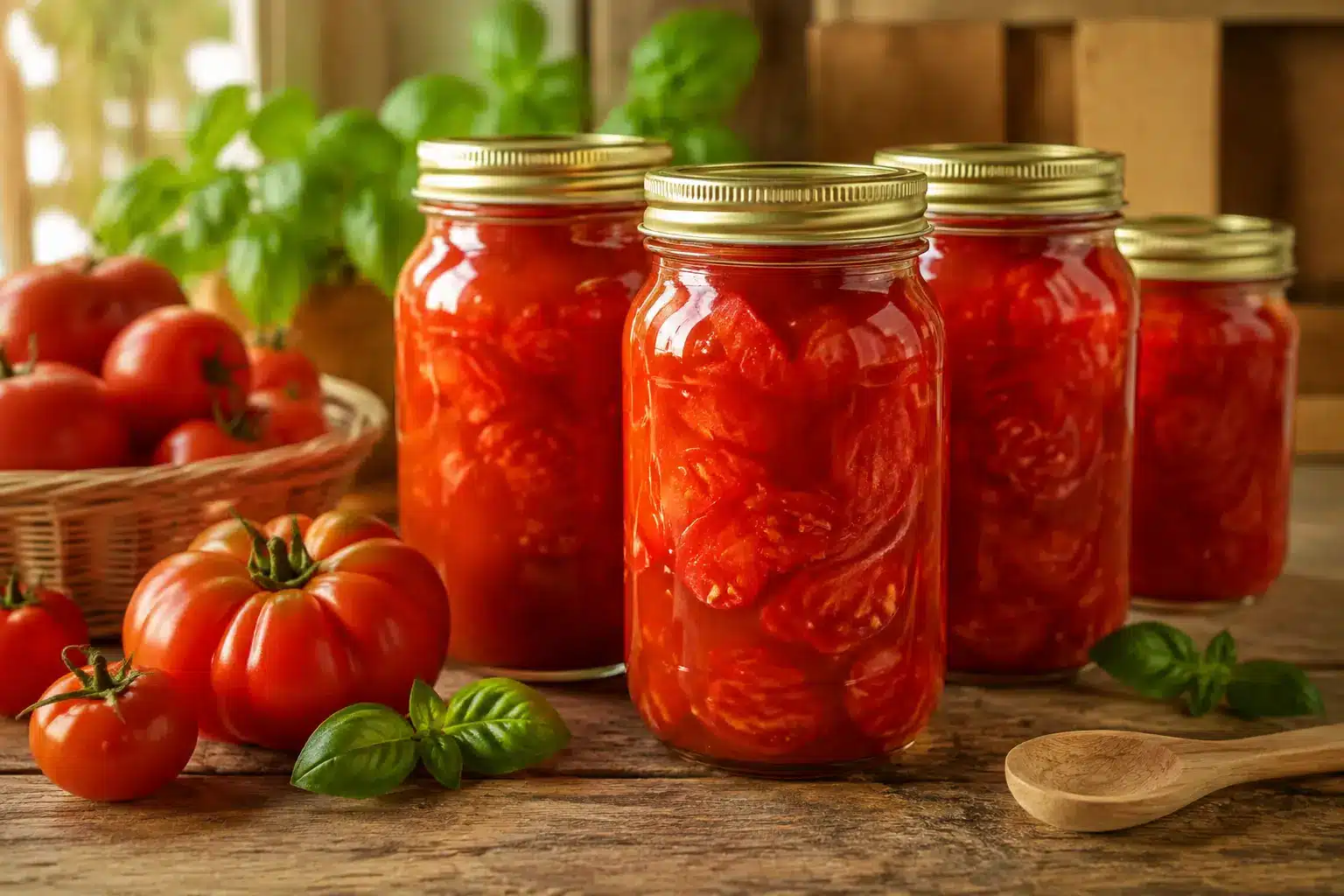 Selbst eingekochte Tomaten in Schraubgläsern mit frischen roten Tomaten