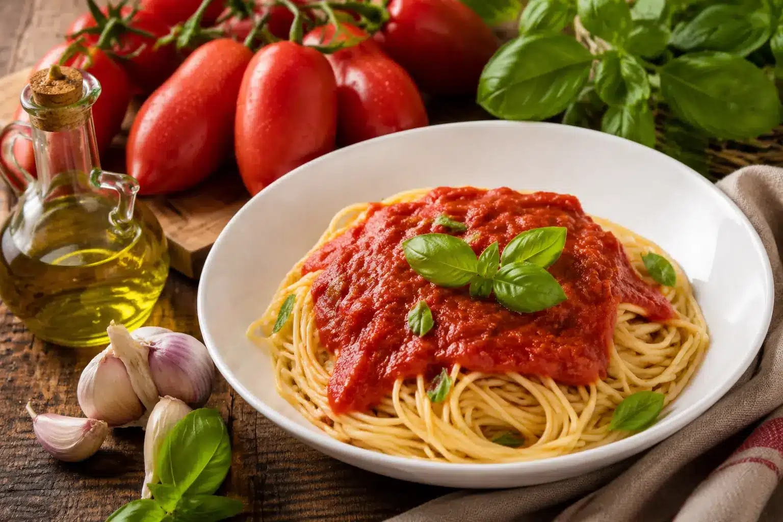 Selbstgemachte Tomatensoße aus frischen Tomaten mit Pasta und Basilikum