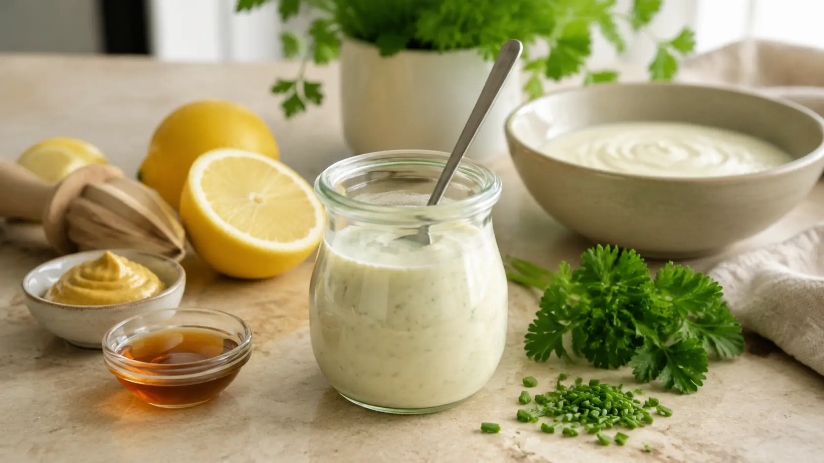 Veganes kalorienarmes Salatdressing Veganes kalorienarmes Salatdressing mit Sojajoghurt, Zitrone und Kräutern
