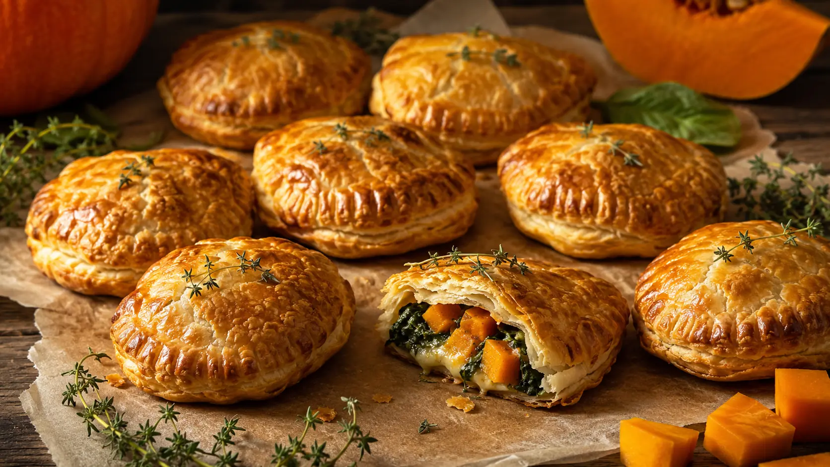 Goldbraune Blätterteig-Pasteten mit Kürbis, Spinat und Käse