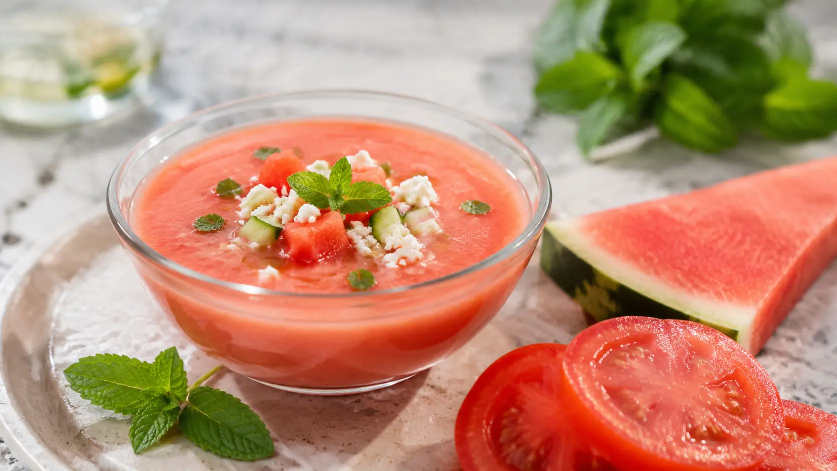 Fruchtige Wassermelonen-Gazpacho mit Tomaten, Gurke, Feta und Minze