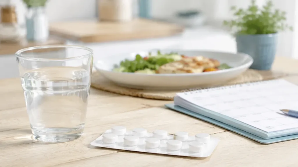 Neutrale Tablettenpackung neben einem Glas Wasser und einem Wochenplan