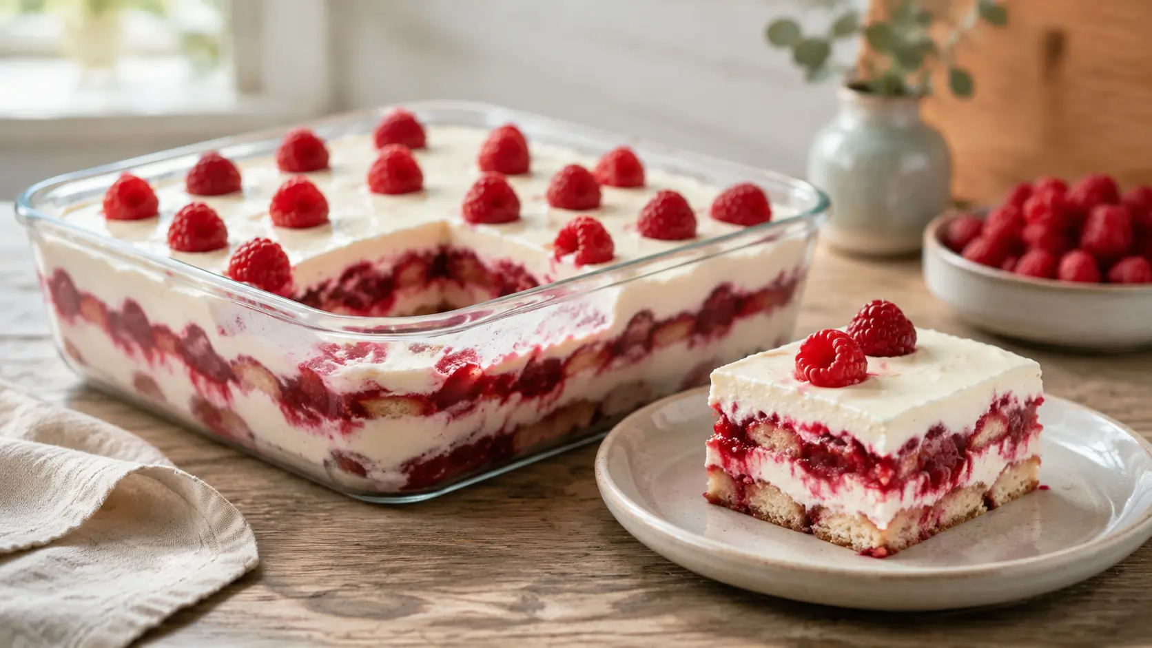 Wilde Hilde mit Himbeeren, Mascarponecreme und Löffelbiskuits in einer großen Form