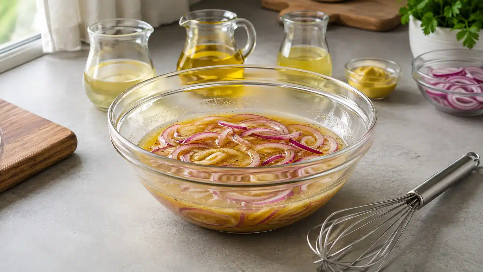 Essig-Öl-Senf-Dressing mit roten Zwiebeln für klassischen Wurstsalat