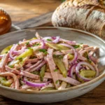 Wurstsalat mit Fleischwurst, roten Zwiebeln, Gewürzgurken und Schnittlauch