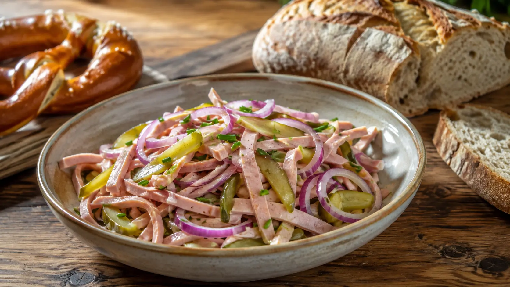 Wurstsalat mit Fleischwurst, roten Zwiebeln, Gewürzgurken und Schnittlauch