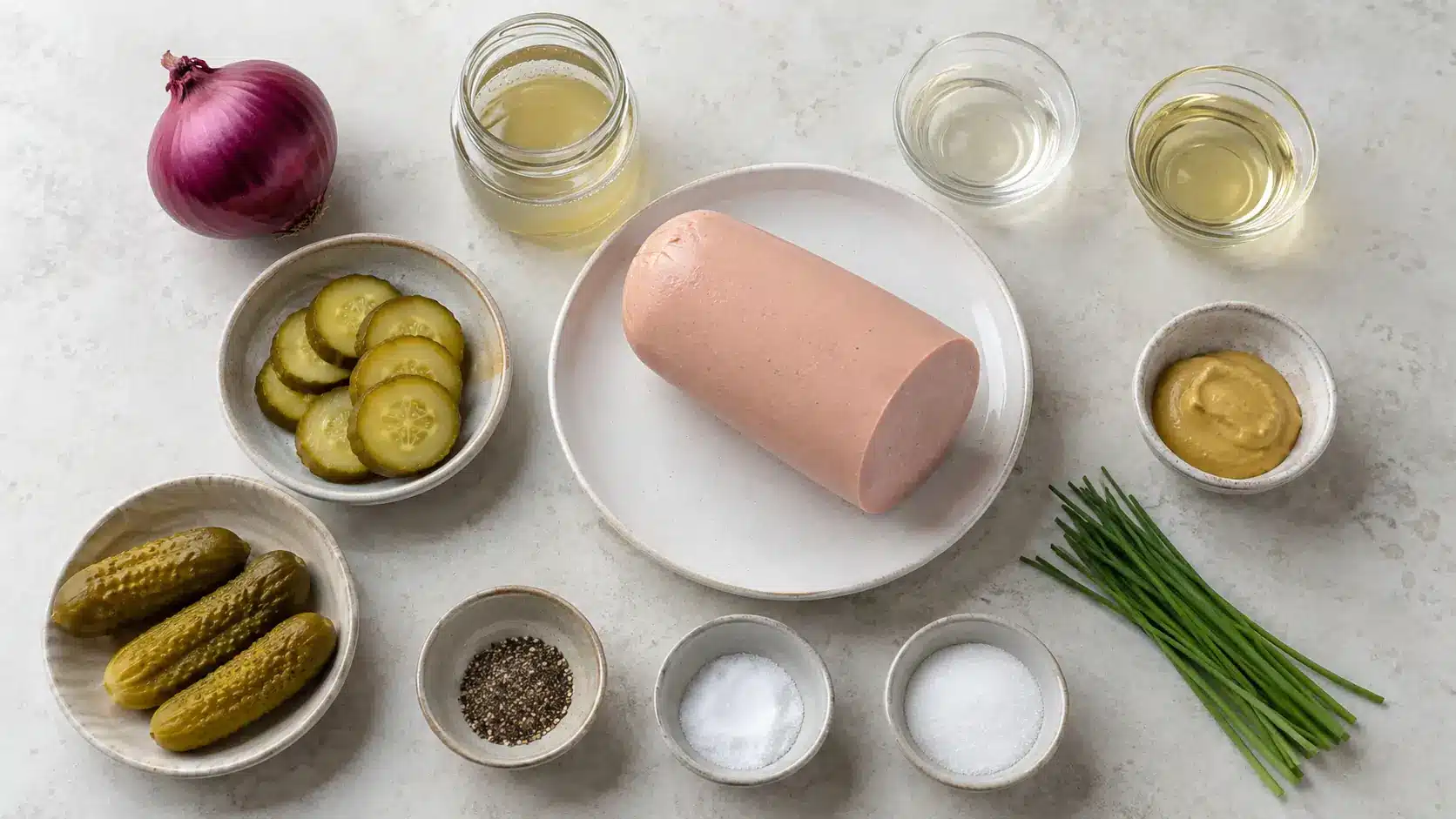 Fleischwurst, rote Zwiebel, Gewürzgurken, Essig, Öl, Senf und Schnittlauch für Wurstsalat