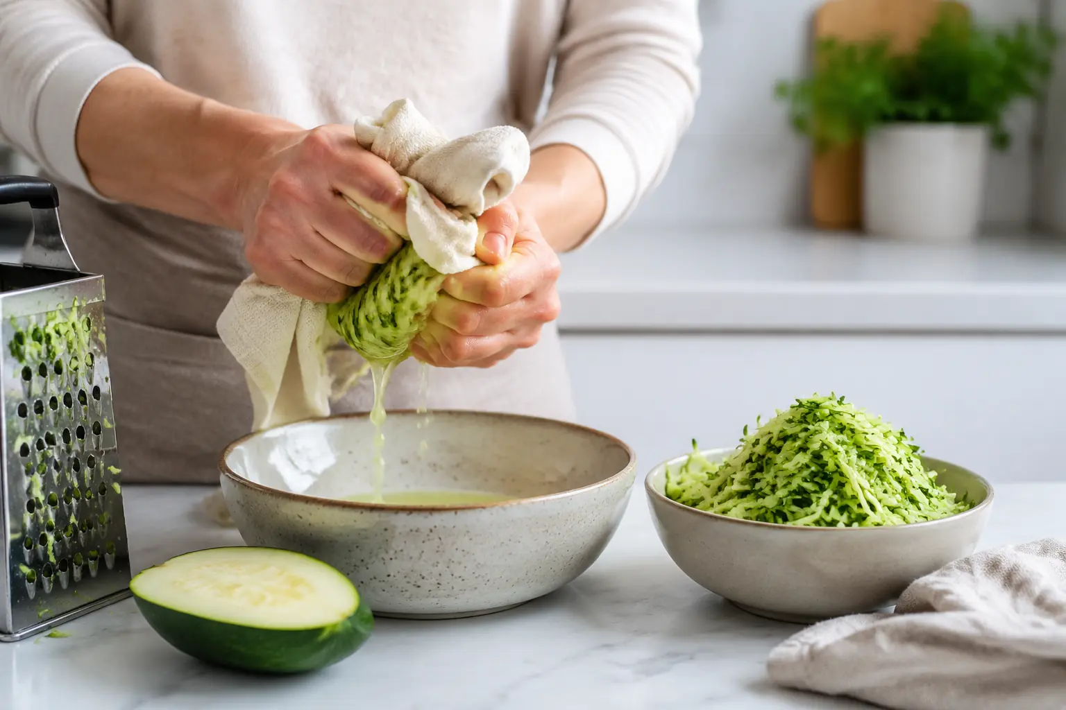 Zucchini raspeln und für Zucchini Brot ausdrücken