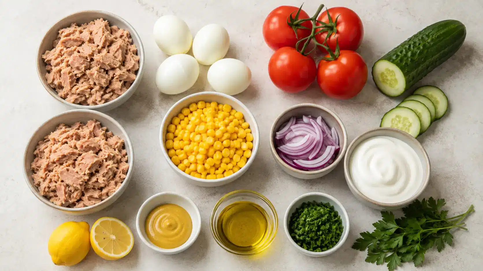 Thunfisch, Eier, Tomaten, Gurke, Mais und Zutaten für Joghurt-Dressing