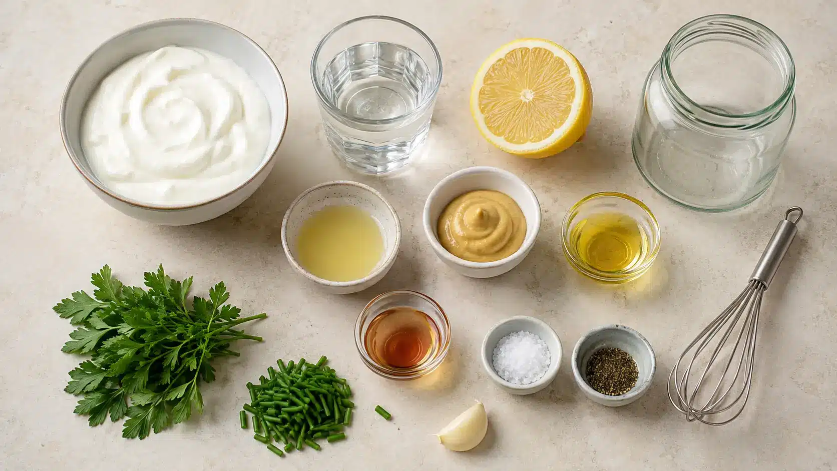 Zutaten für kalorienarmes Joghurt-Dressing Naturjoghurt, Zitrone, Senf, Kräuter und weitere Zutaten für kalorienarmes Salatdressing