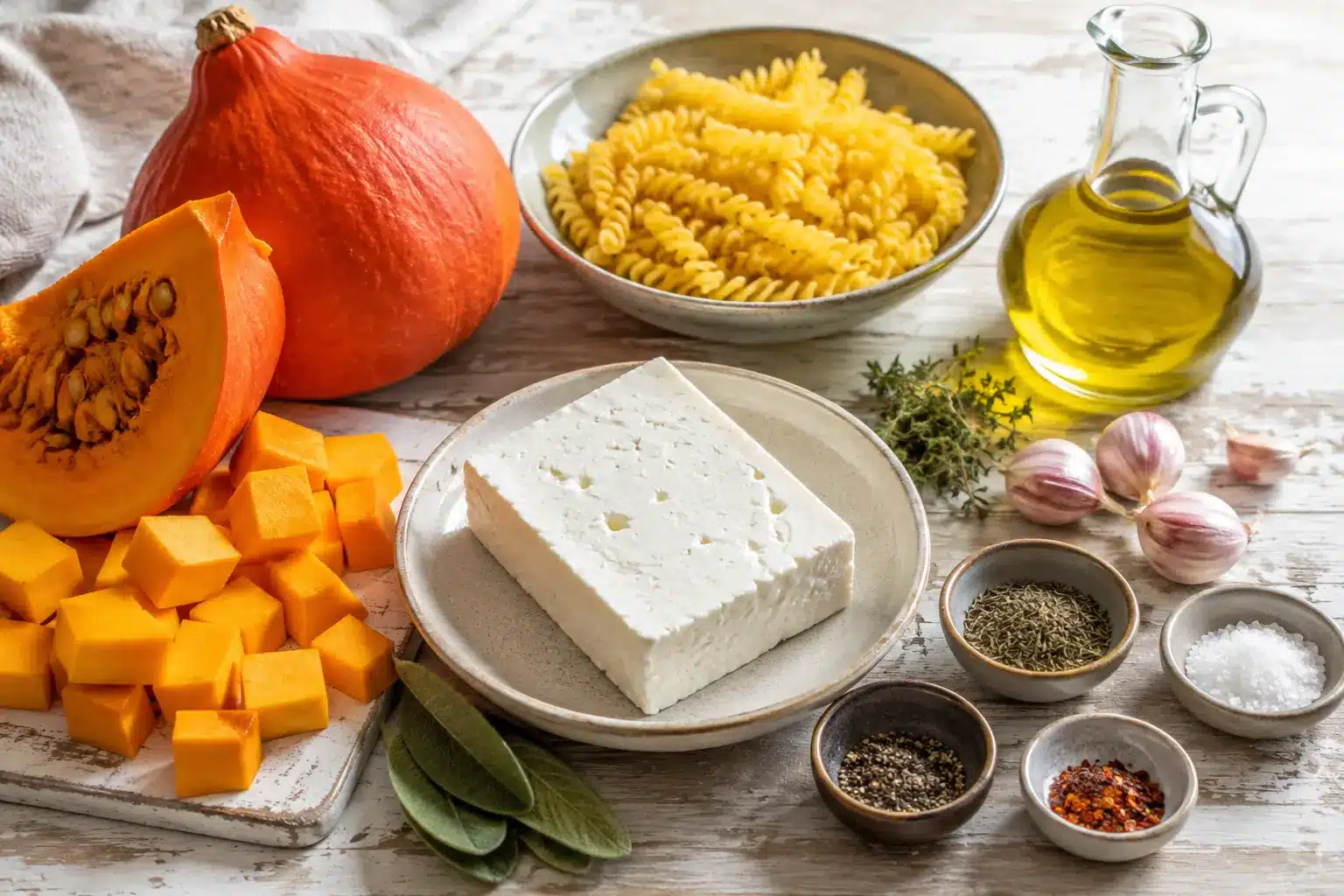 Zutaten für Kürbis-Feta-Pasta