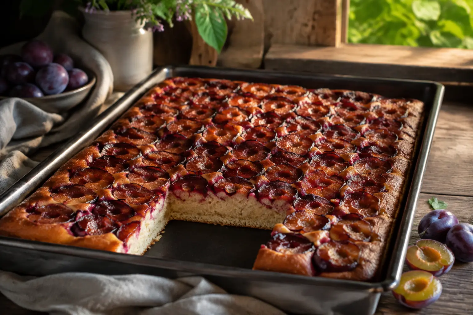 Klassischer Zwetschgenkuchen mit Hefeteig und frischen Zwetschgen vom Blech