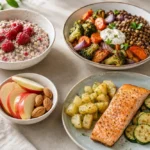 Vier Mahlzeiten eines ballaststoffreichen Tagesplans mit Haferbrei, Linsen-Bowl, Apfel-Snack und Lachsgericht