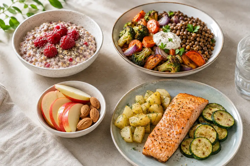 Vier Mahlzeiten eines ballaststoffreichen Tagesplans mit Haferbrei, Linsen-Bowl, Apfel-Snack und Lachsgericht