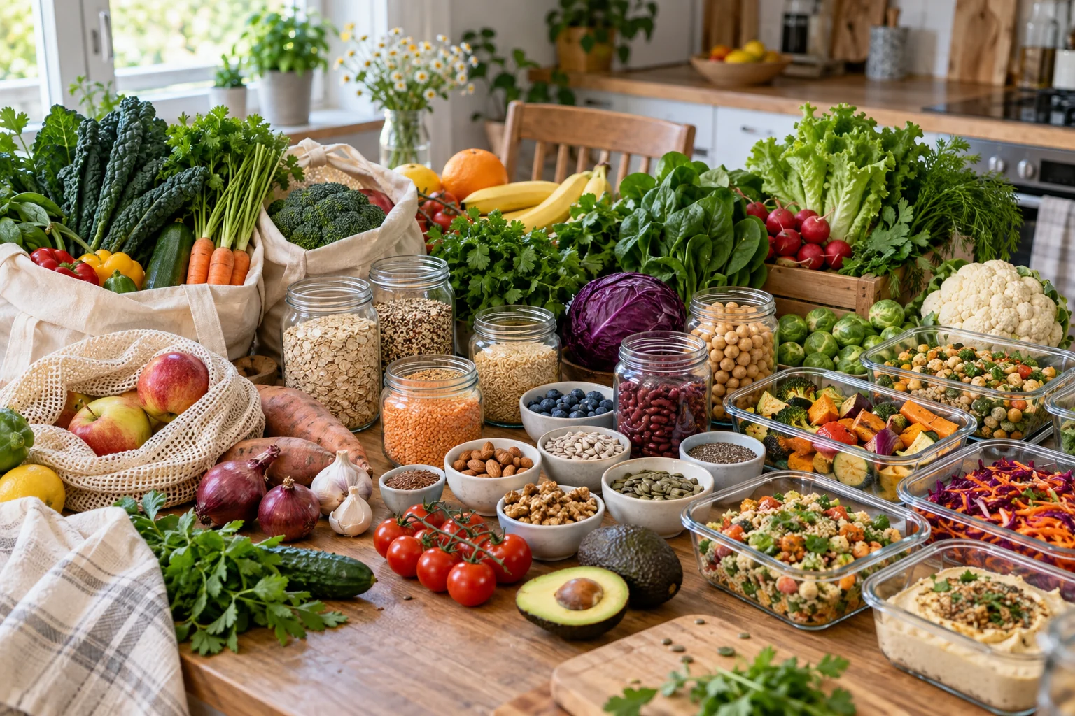 Einkauf mit Gemüse, Obst, Hülsenfrüchten, Vollkorn, Nüssen und Samen für eine Pflanzen-Woche