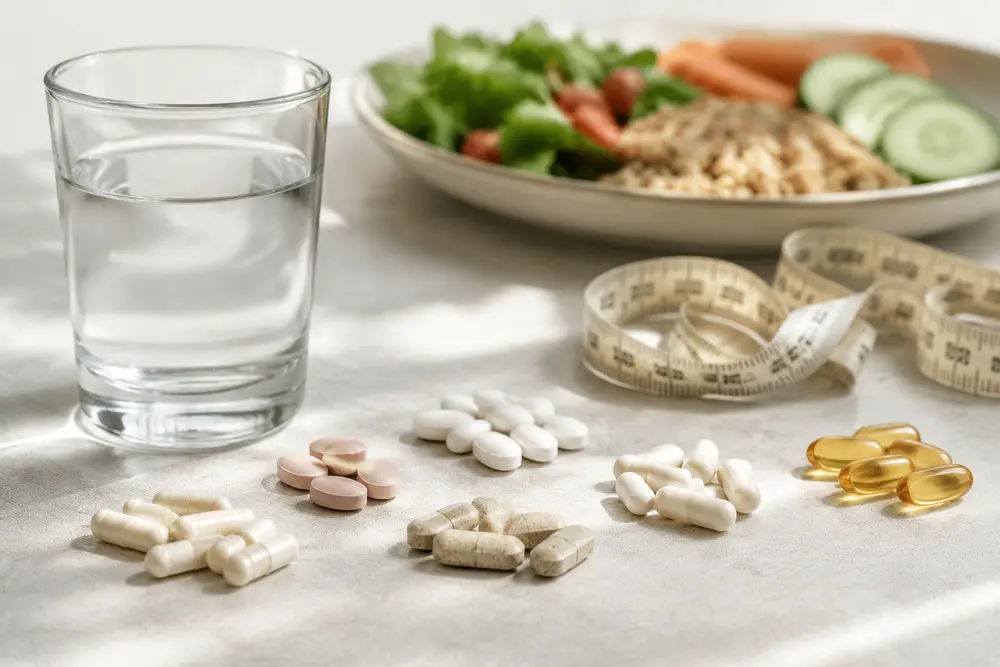Verschiedene neutrale Tabletten und Kapseln neben Wasser, Maßband und ausgewogener Mahlzeit