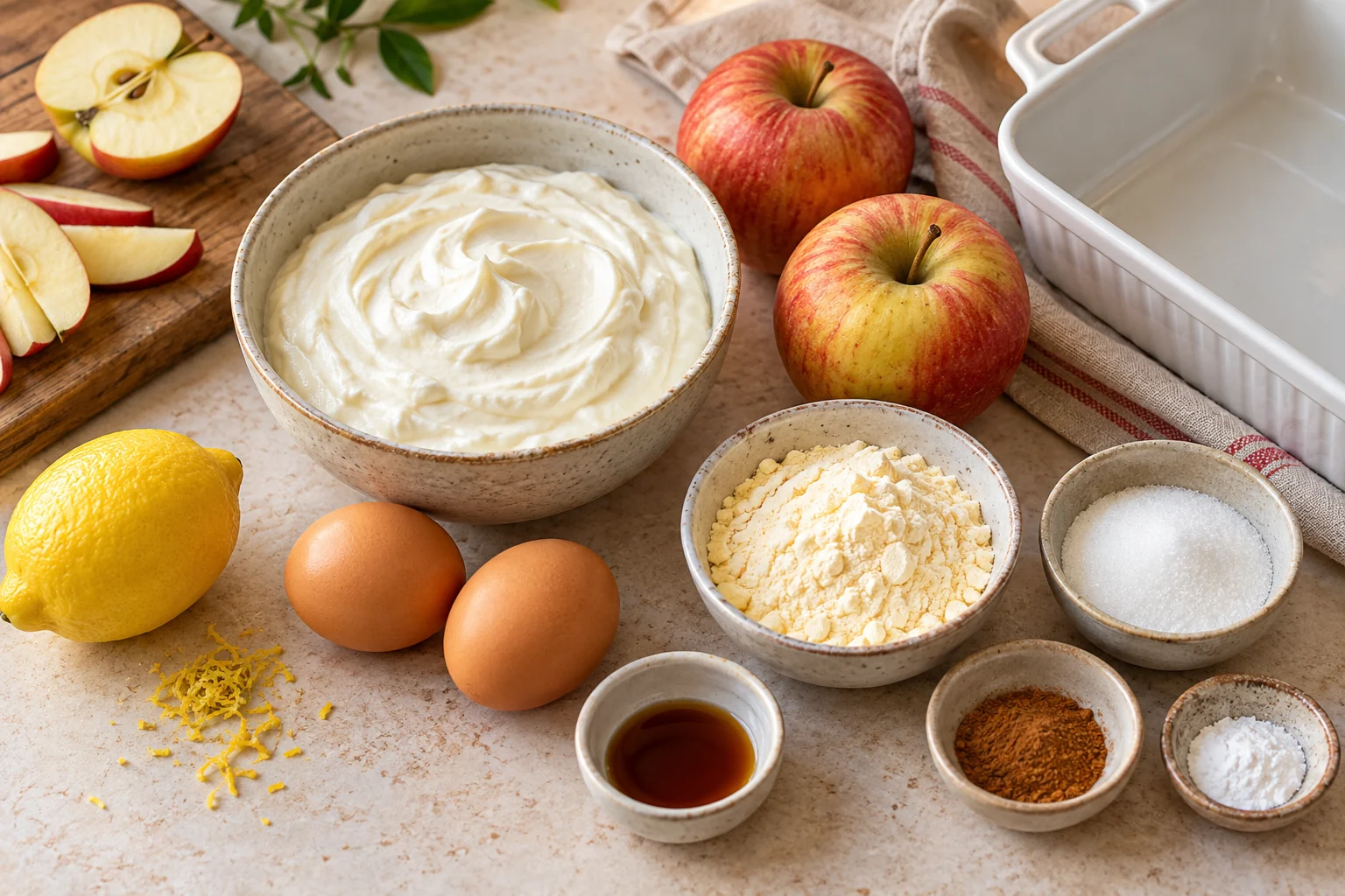 Zutaten für Apfel-Skyr-Auflauf mit Skyr, Äpfeln, Eiern und Zimt