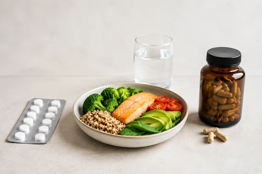 Unmarkierte Tablettenblister und braunes Kapselglas neben einer ausgewogenen Mahlzeit und Wasser