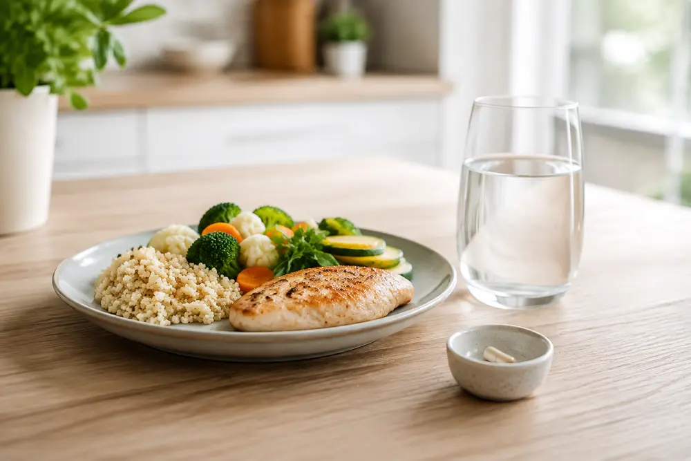 Ausgewogene Mahlzeit mit Gemüse, Vollkorn, Hähnchen und einer unmarkierten Kapsel neben einem Glas Wasser