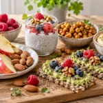 Ballaststoffreiche Snacks mit Obst, Nüssen, Chia, Hummus und Kichererbsen