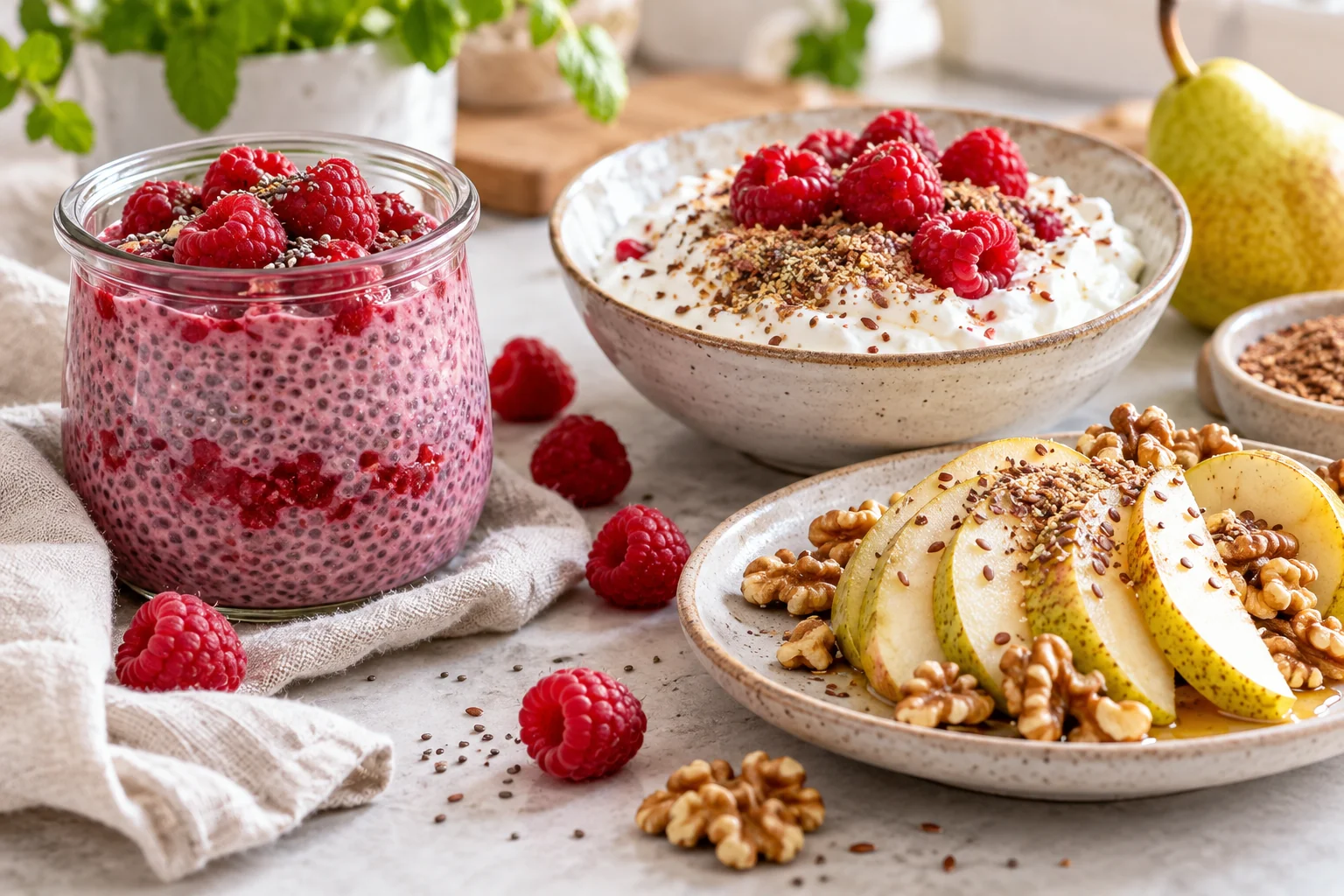 Süße ballaststoffreiche Snacks mit Chia-Pudding, Himbeeren, Leinsamen und Birne