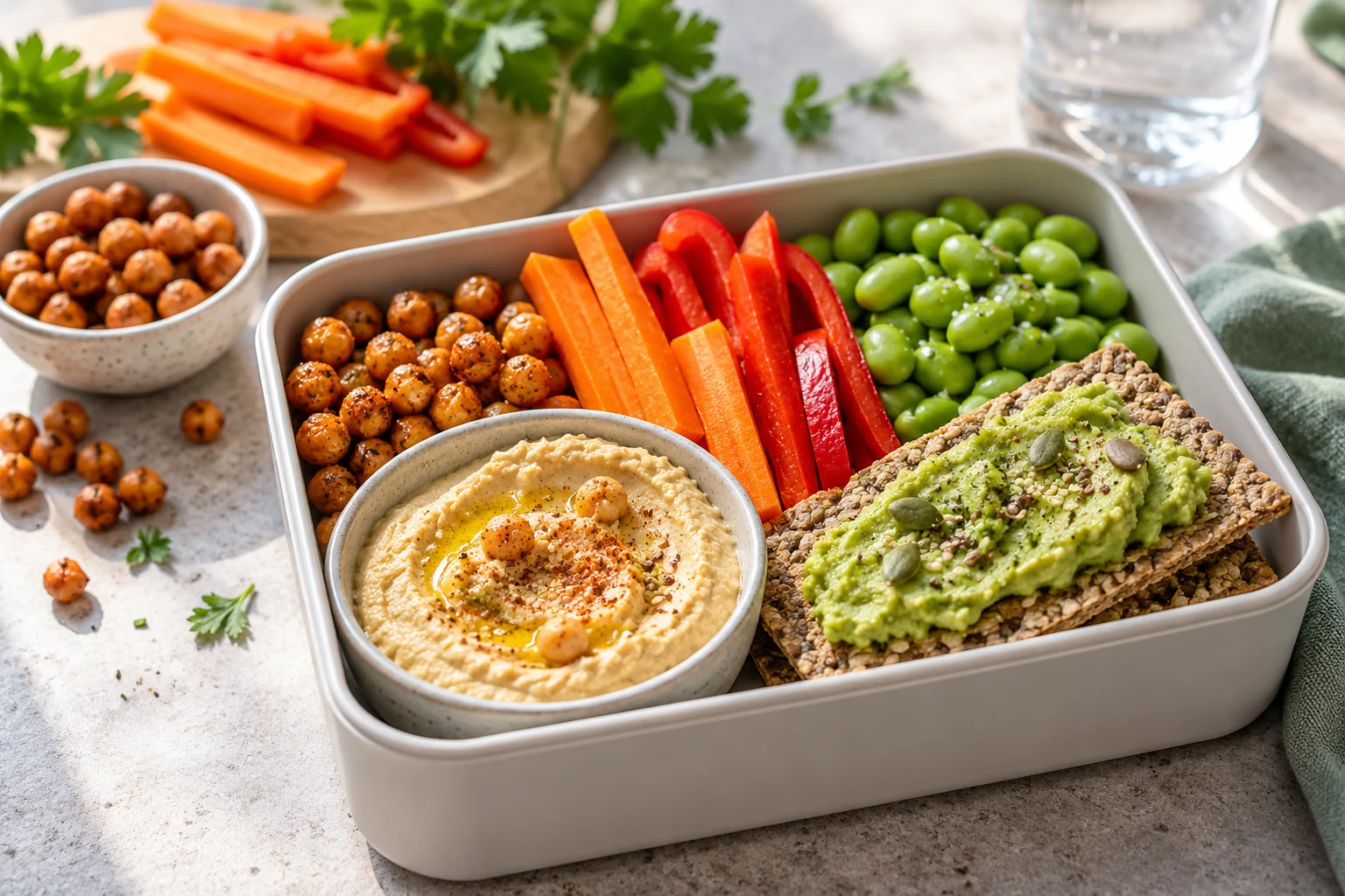 Ballaststoffreiche Snacks für unterwegs mit Kichererbsen, Hummus und Gemüse