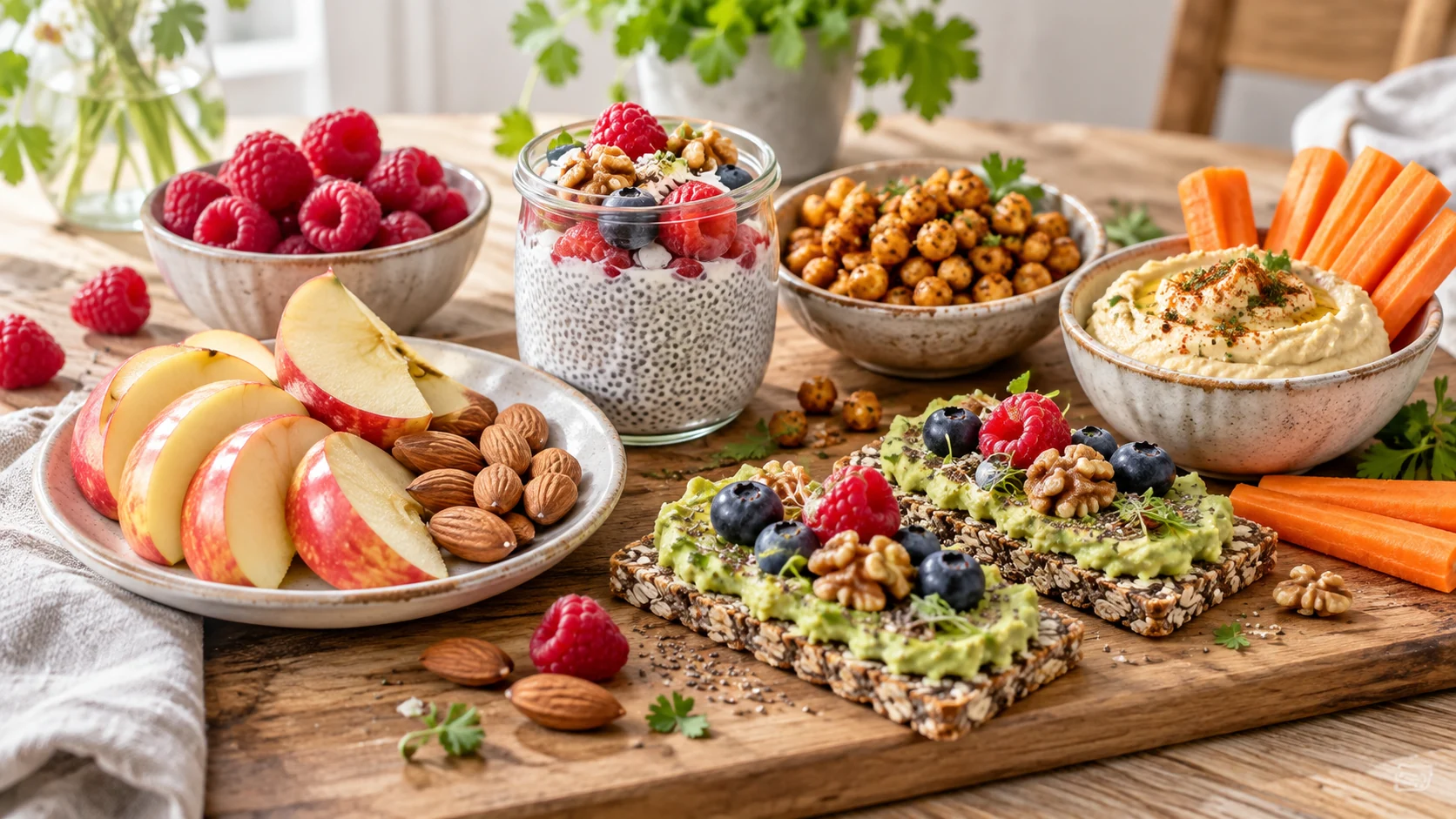 Ballaststoffreiche Snacks mit Obst, Nüssen, Chia, Hummus und Kichererbsen