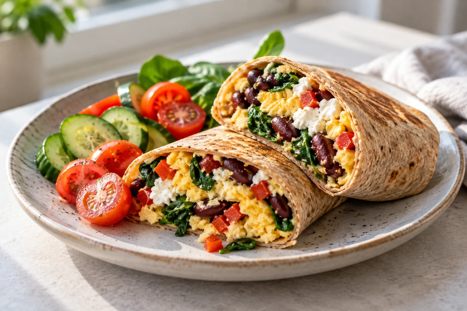 Proteinreicher Frühstücksburrito mit Ei, Kidneybohnen, Gemüse und Hüttenkäse