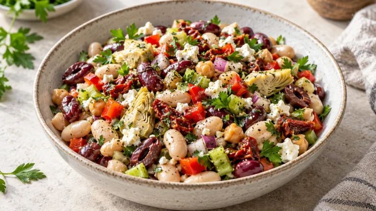 Mediterraner Dense Bean Salad mit Bohnen, Kichererbsen und Feta
