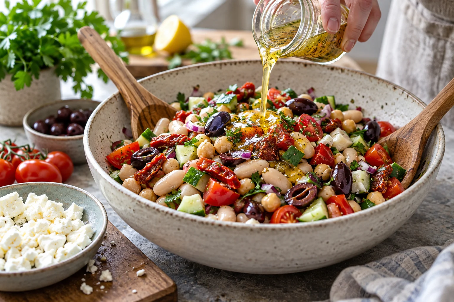Mediterranes Dressing wird über Dense Bean Salad gegeben
