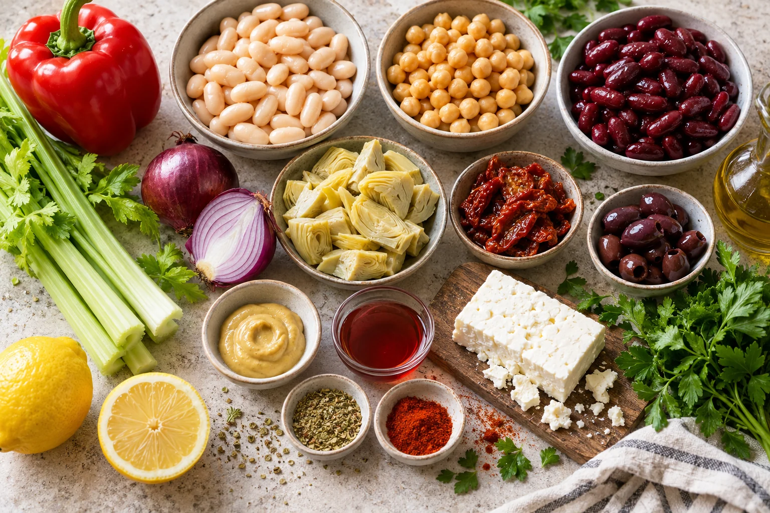 Zutaten für Dense Bean Salad mit Bohnen, Gemüse, Feta und Dressing