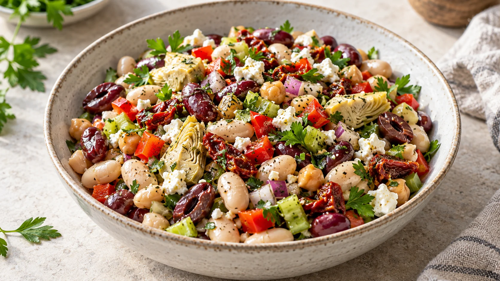 Mediterraner Dense Bean Salad mit Bohnen, Kichererbsen und Feta