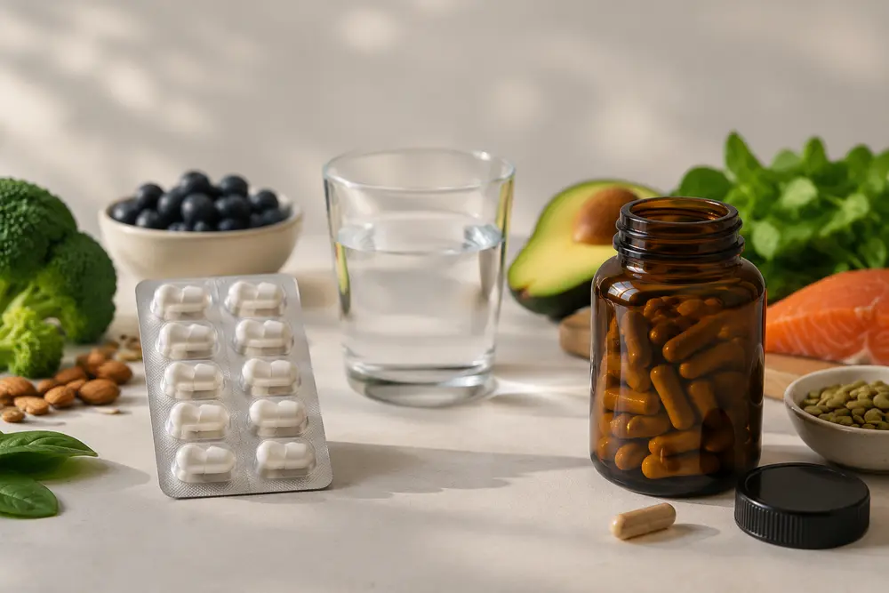 Neutrale Blisterpackung und braunes Nahrungsergänzungsglas neben Wasser und Lebensmitteln