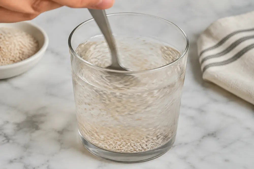 Löffel rührt Flohsamenschalen zügig in einem Glas Wasser um