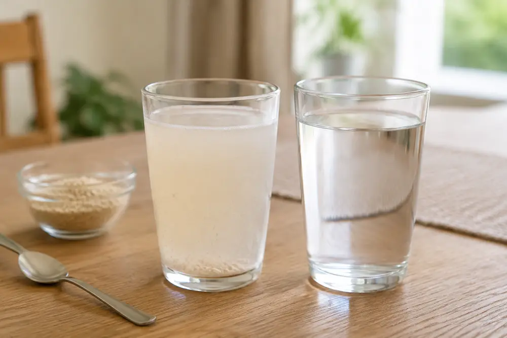 Glas mit Flohsamenschalen-Wasser neben einem vollen Glas klarem Wasser