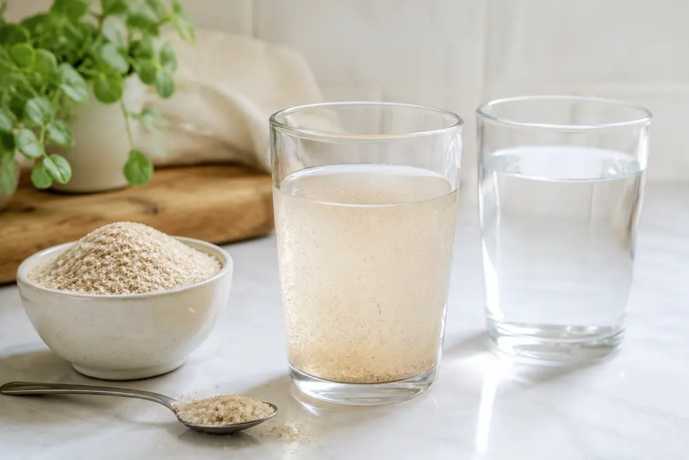 Frisch angerührtes Flohsamenschalen-Wasser neben Flohsamenschalen und einem zusätzlichen Glas Wasser