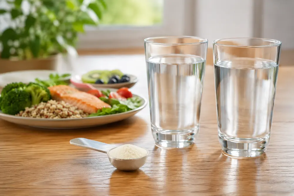 Messlöffel mit Glucomannan-Pulver vor zwei vollen Gläsern Wasser