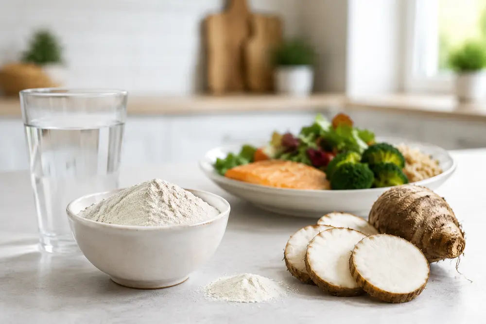 Glucomannan-Pulver, Konjakwurzel und ein Glas Wasser neben einer ausgewogenen Mahlzeit