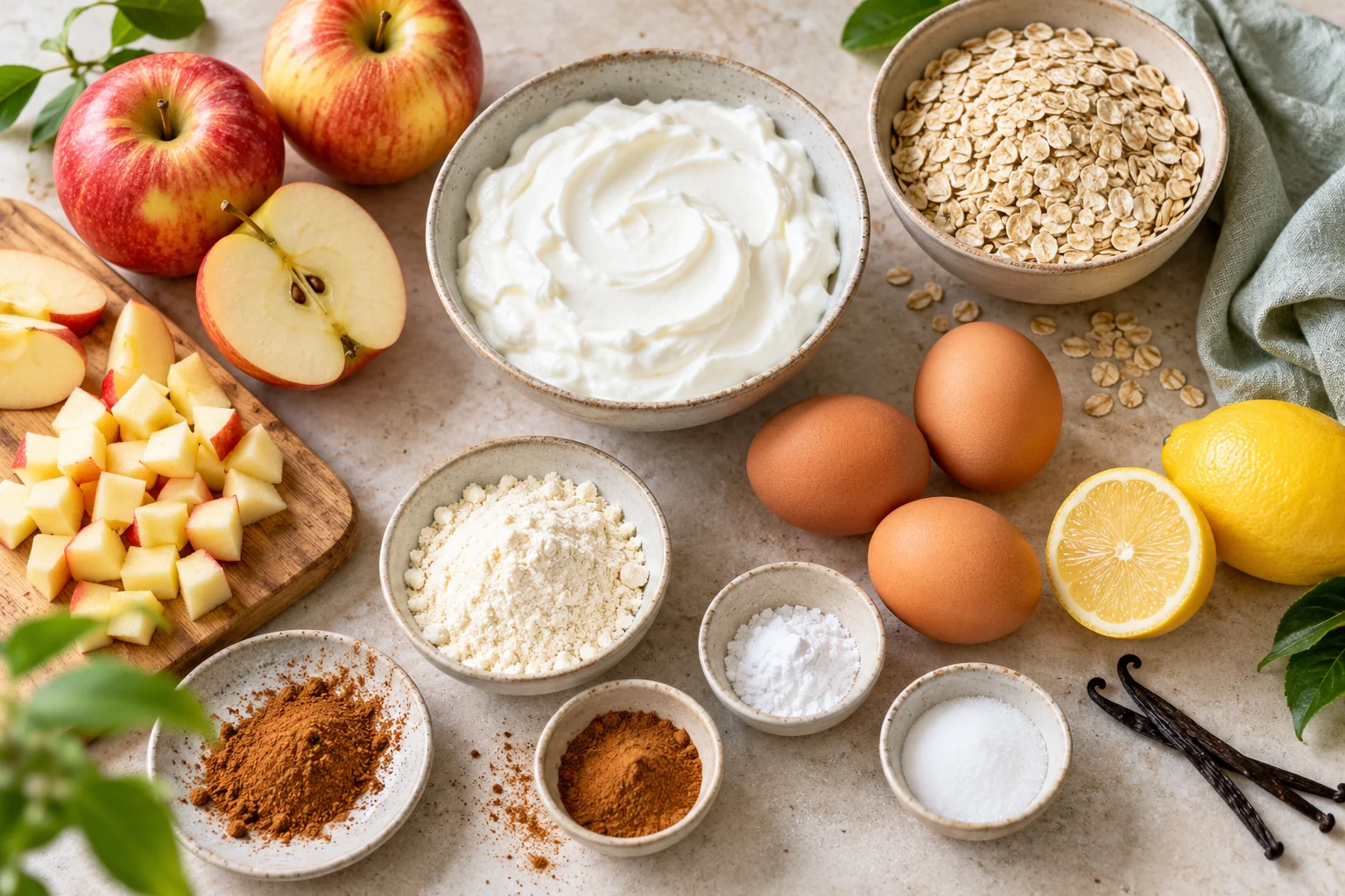 Skyr Äpfel Haferflocken und Eier für High Protein Apfelkuchen