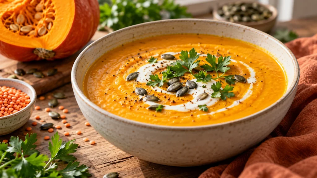 High Protein Kürbissuppe mit Hokkaido, roten Linsen und Skyr
