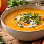 High Protein Kürbissuppe mit Hokkaido, roten Linsen und Skyr
