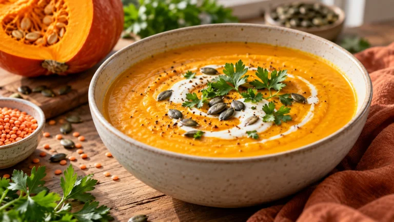 High Protein Kürbissuppe mit Hokkaido, roten Linsen und Skyr