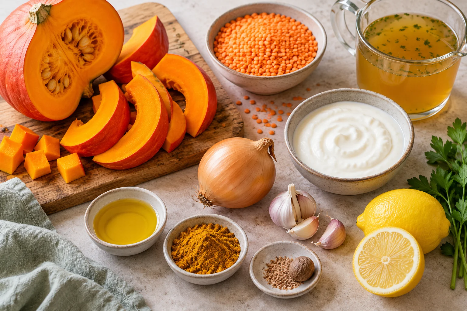 Zutaten für High Protein Kürbissuppe mit Hokkaido, roten Linsen und Skyr