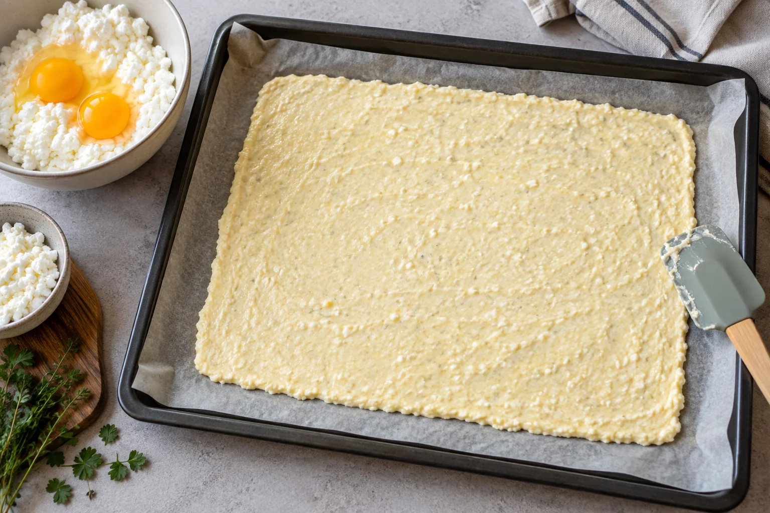 Hüttenkäse-Ei-Masse dünn auf Backpapier verstrichen