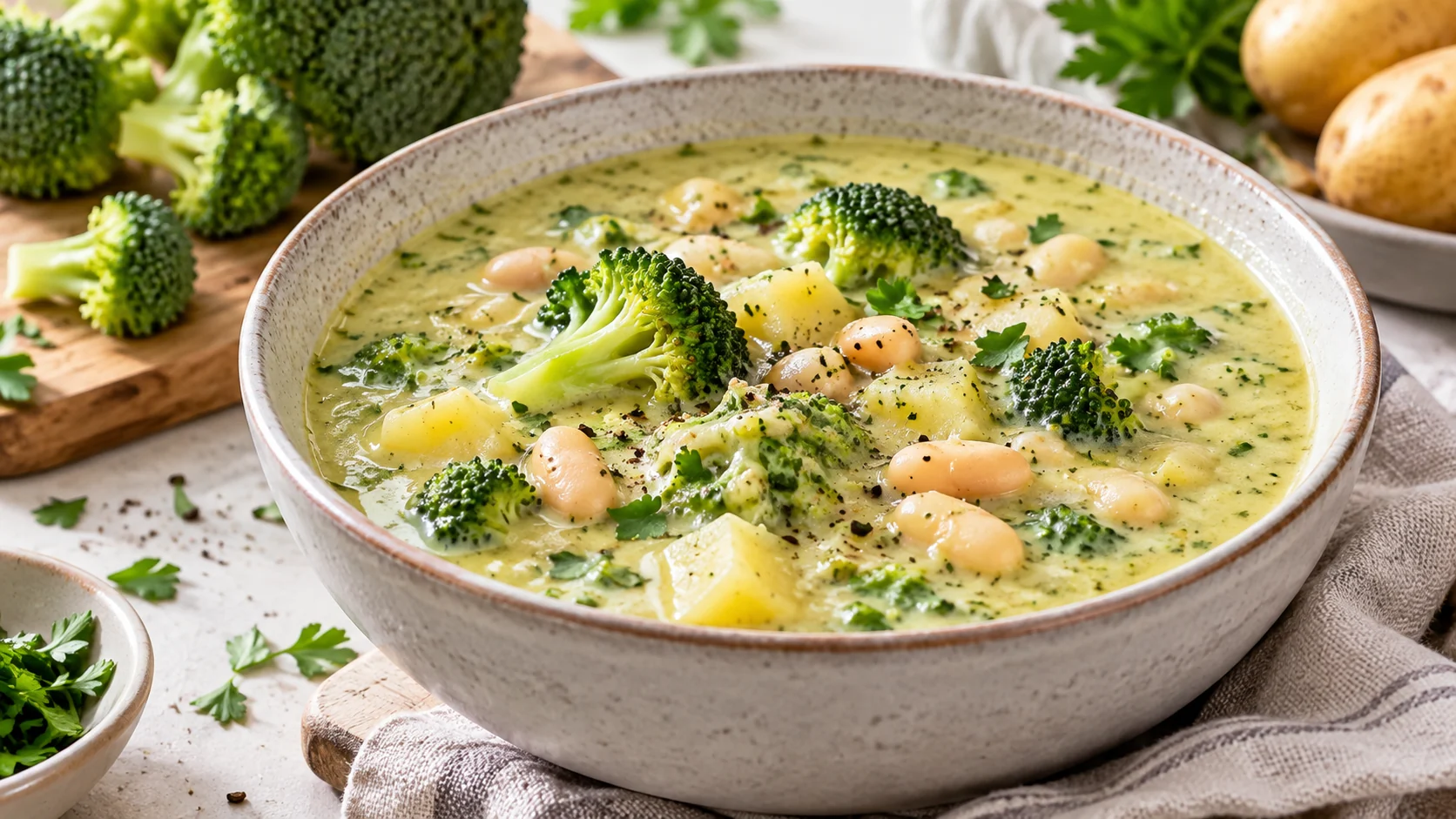 Kartoffel-Brokkoli-Suppe mit weißen Bohnen