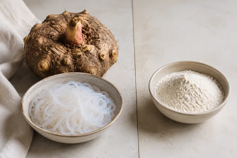 Konjakwurzel, Konjaknudeln und Glucomannan-Pulver auf heller Arbeitsfläche