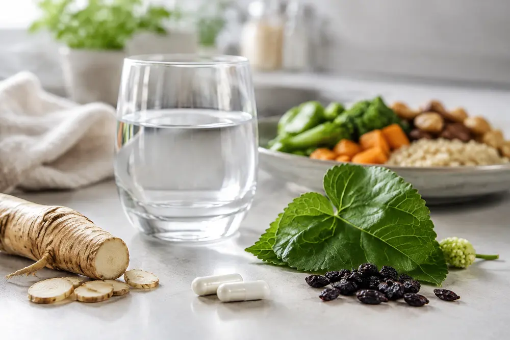 Neutrale Kapseln mit Chicorée, Maulbeerblättern und Berberitzen neben einem Glas Wasser