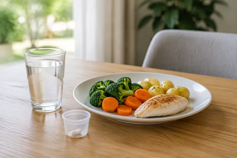 Unmarkierte Kapsel in einem Dosierbecher neben einer fettarmen Mahlzeit und einem Glas Wasser